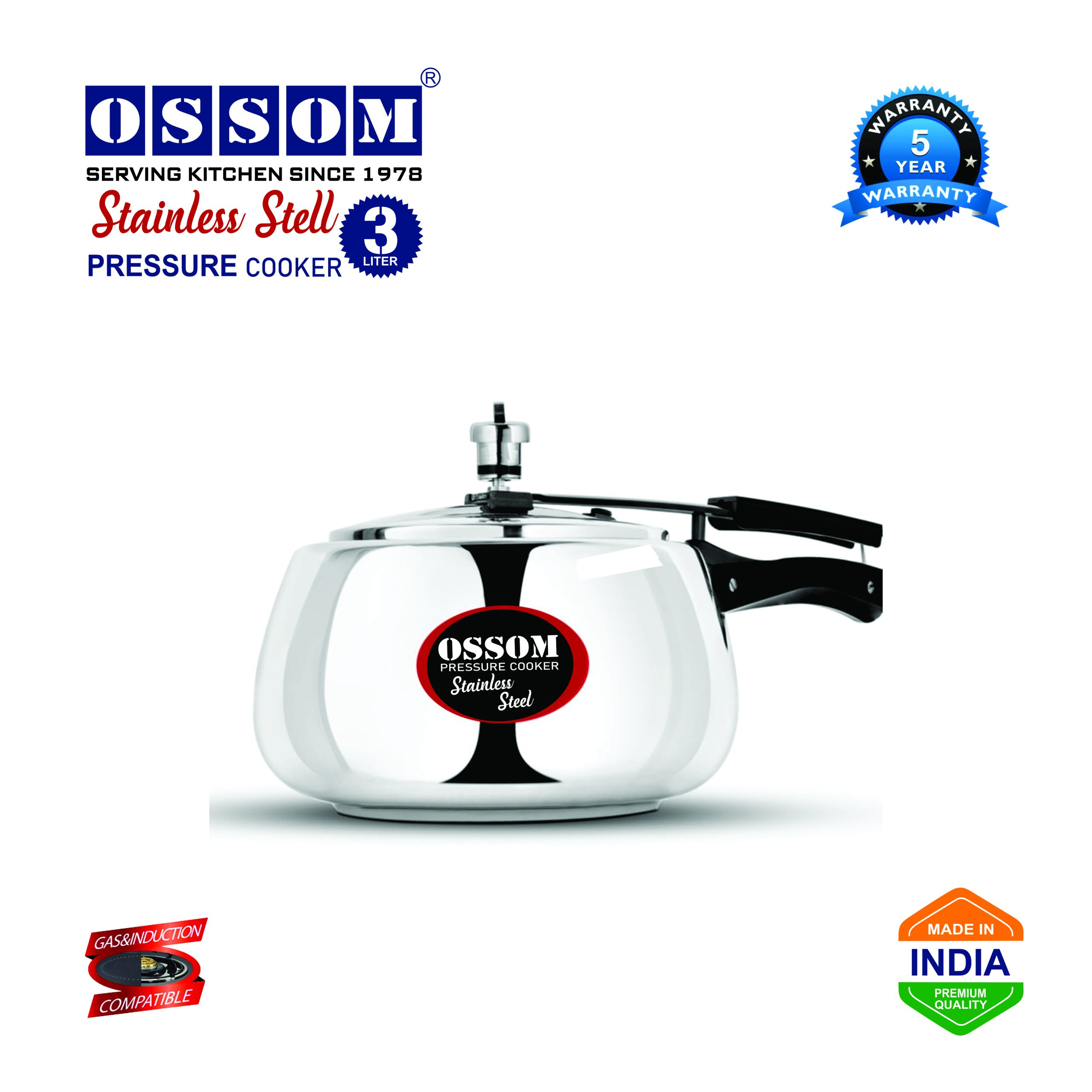 OSSOM Curve Stainless Steel Pressure Cooker, Sandwich Base Design – 3 Ltr