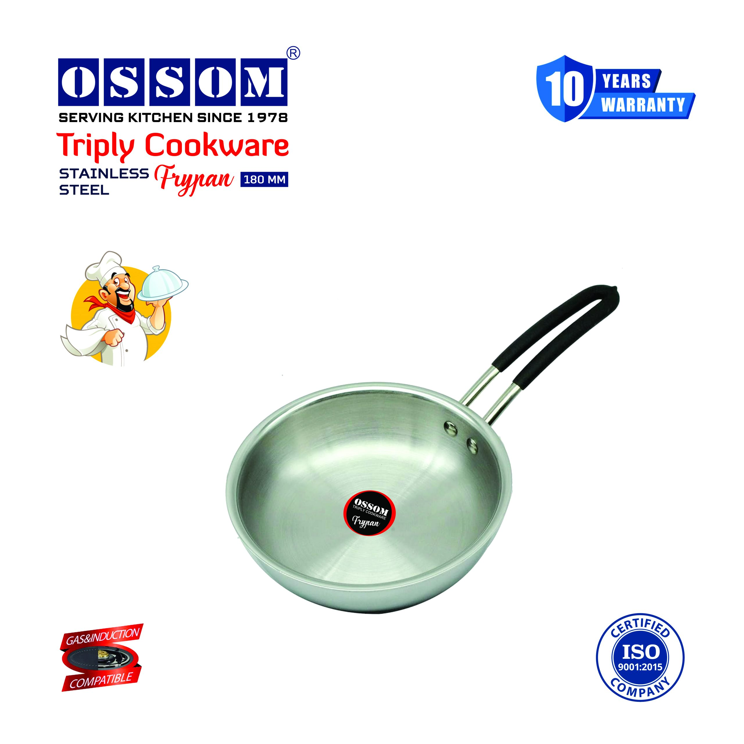 OSSOM Triply Fry Pan Stainless Steel With Out Lid- 180mm