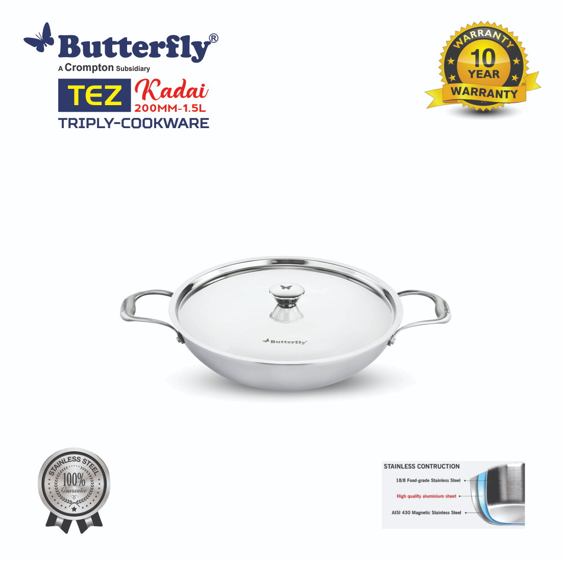 Butterfly Tez Triply Kadai – 1.5 L with Lid 20 CM