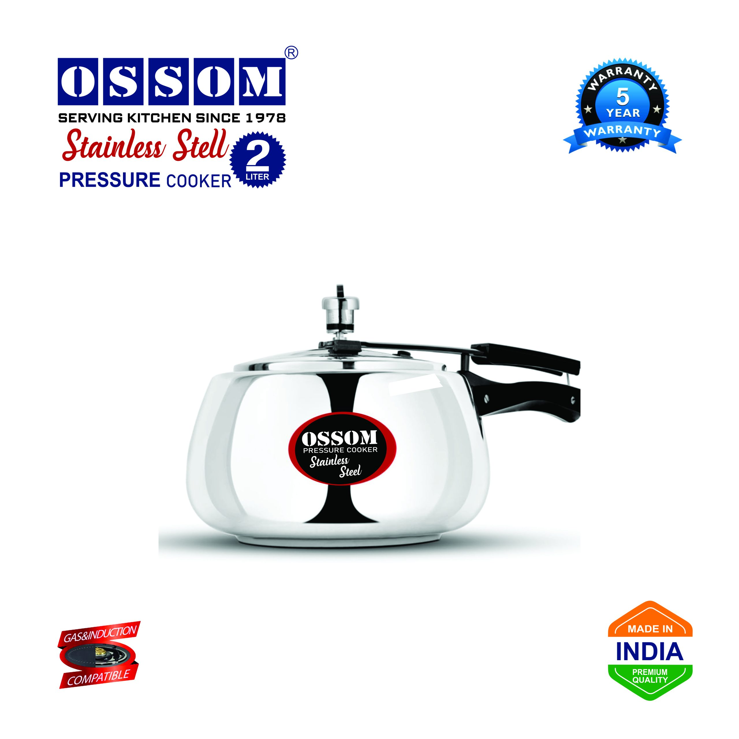 OSSOM Curve Stainless Steel Pressure Cooker, Sandwich Base Design – 2 Ltr