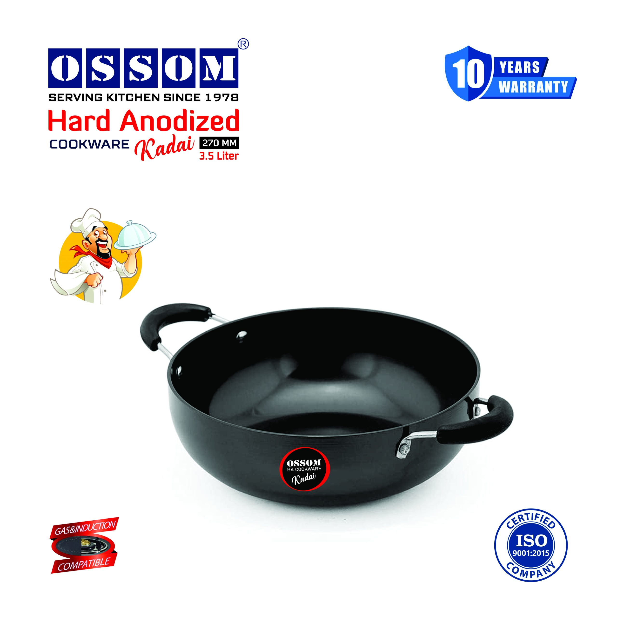 OSSOM Hard Anodized Deep Kadai 270mm- 3.5 Liter with Out Lid