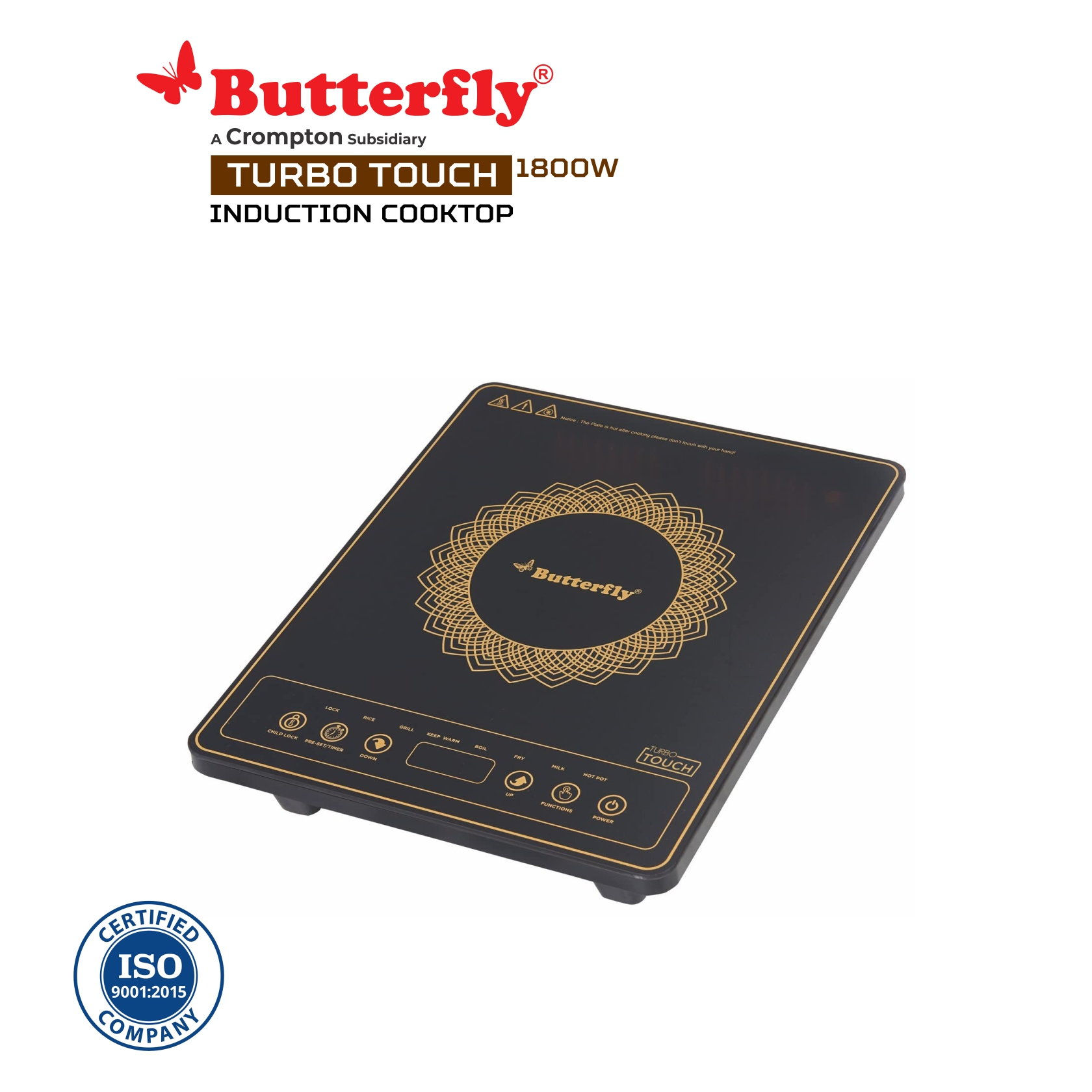 Butterfly Turbo Touch Induction Cooktop, Black, Sealed, 1 Burner- 1800W