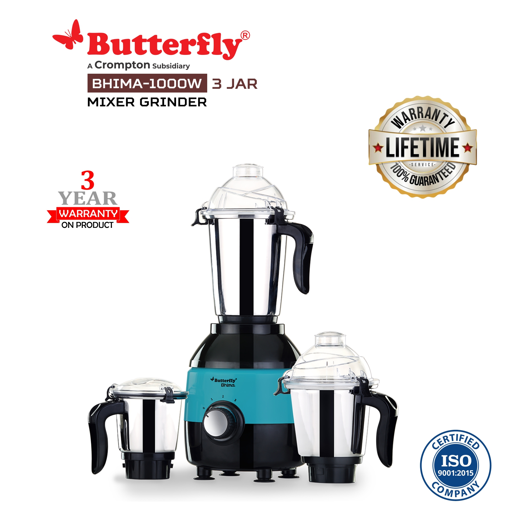 Butterfly Bhima 4 Jar Mixer Grinder 1000 Watts (3 Jars, Black with Green)