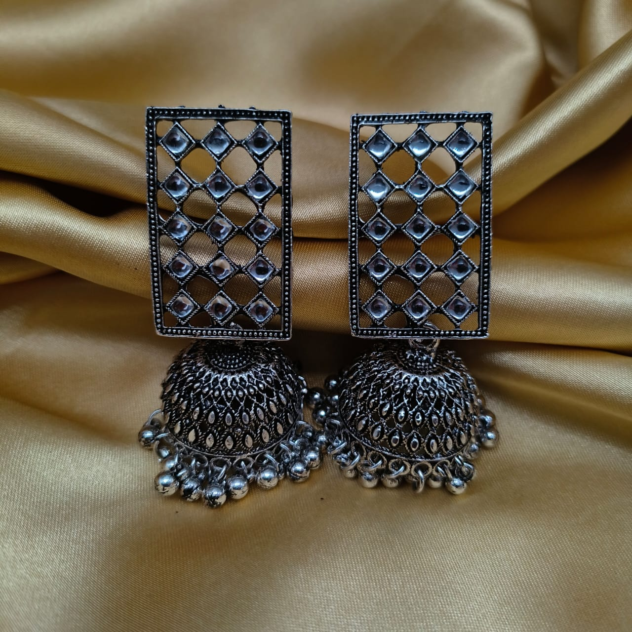 Traditional Silver Oxidised Mirror Jhumki Earrings Set for Women & Girls