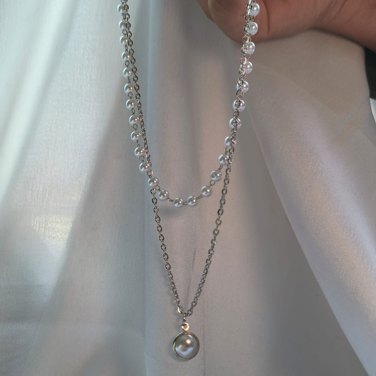 Women Stylish Double Layer Faux Pearl Dangle Choker Chain Necklace