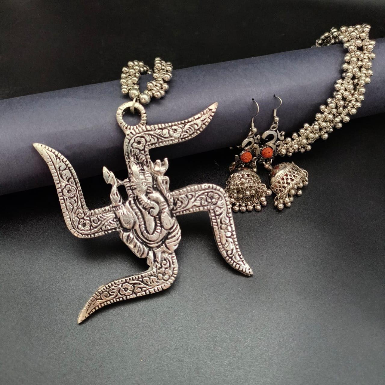 Silver Tone Oxidised Metal Big Swastik Pendant Necklace