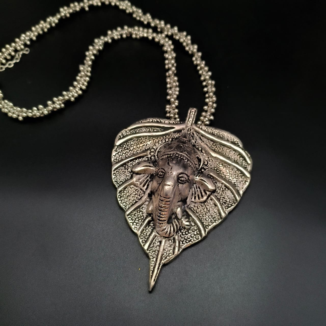 Oxidized  Leaf Ganpati Pendant Necklace for Women and Girls