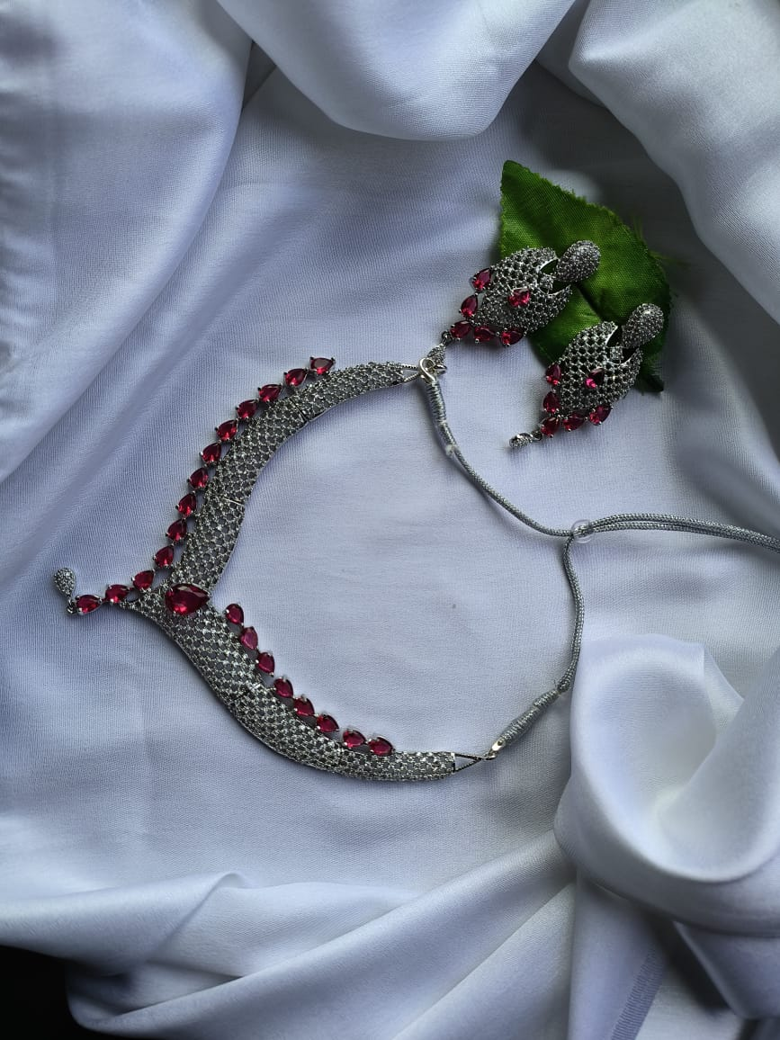 Red American Daimond Stone Necklace Set For Women